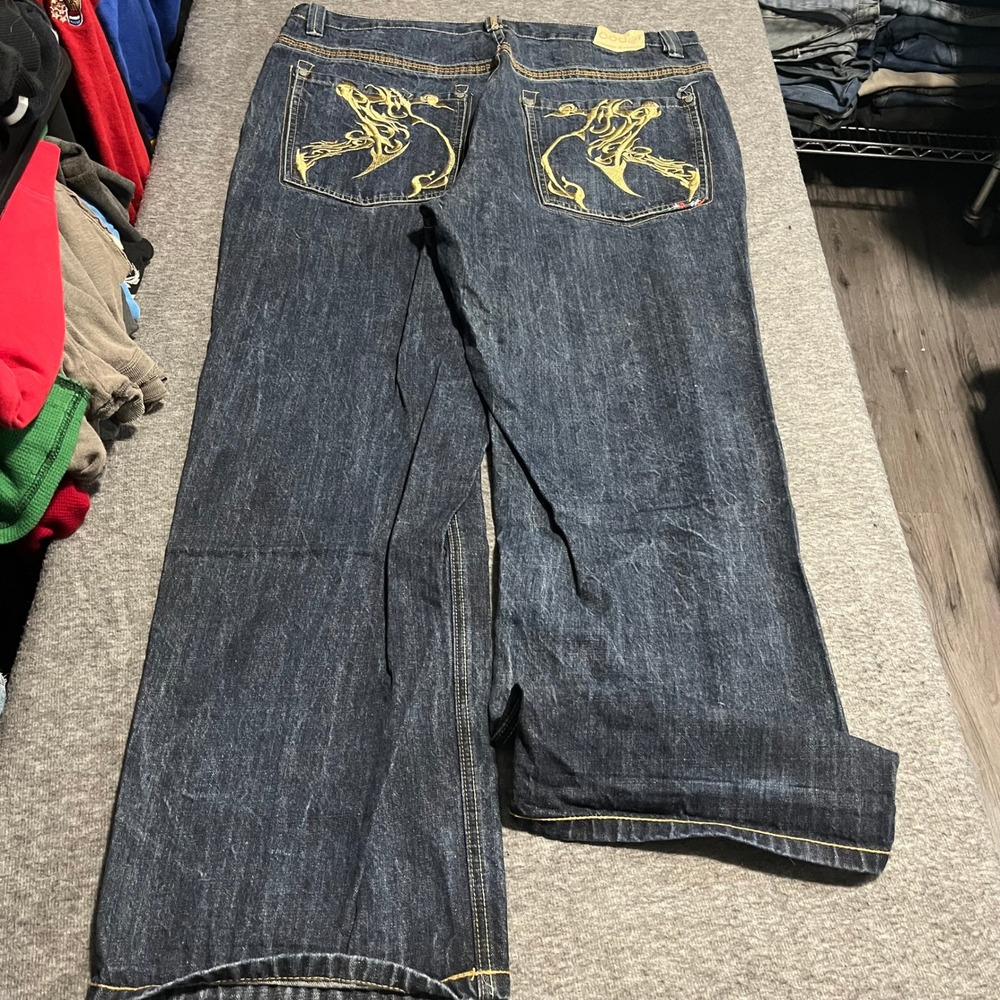 Coogi Authentic Australian Baggy Jeans W42 L34 Dark Wash Gold Tribal Embroidery